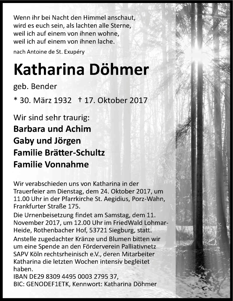  Traueranzeige für Katharina Döhmer vom 21.10.2017 aus Kölner Stadt-Anzeiger / Kölnische Rundschau / Express