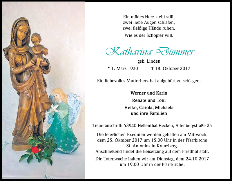  Traueranzeige für Katharina Dümmer vom 21.10.2017 aus Kölner Stadt-Anzeiger / Kölnische Rundschau / Express