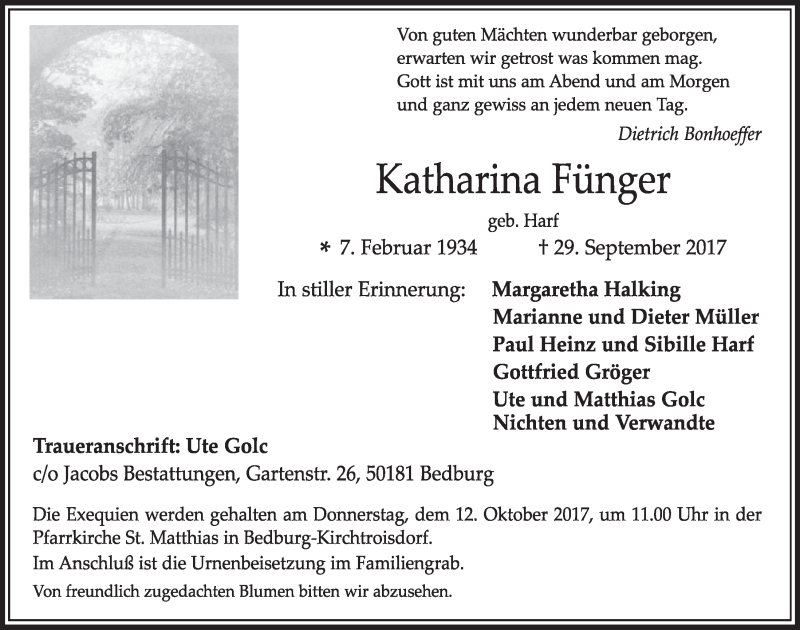  Traueranzeige für Katharina Fünger vom 07.10.2017 aus  Sonntags-Post 
