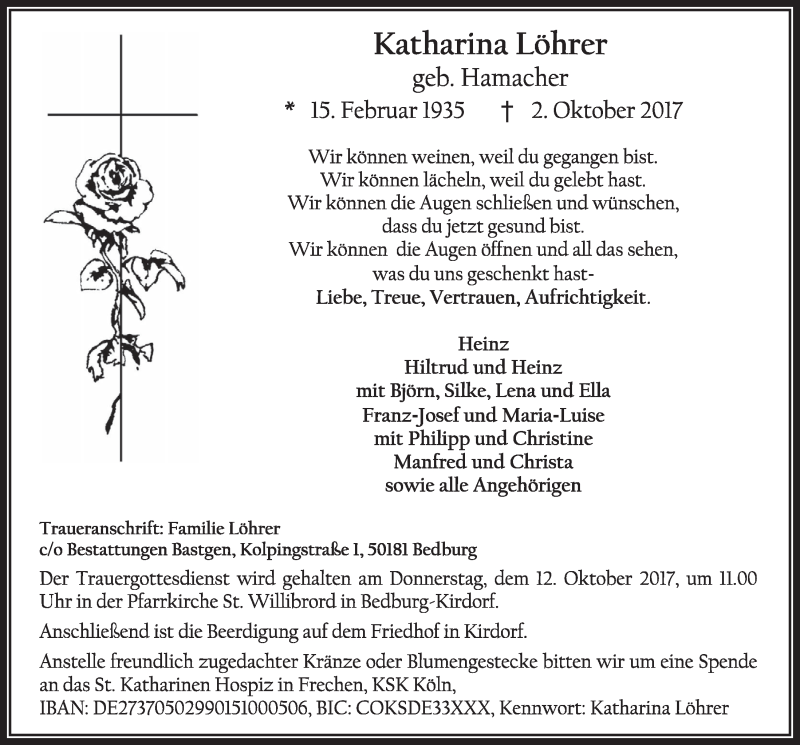  Traueranzeige für Katharina Löhrer vom 07.10.2017 aus  Sonntags-Post 