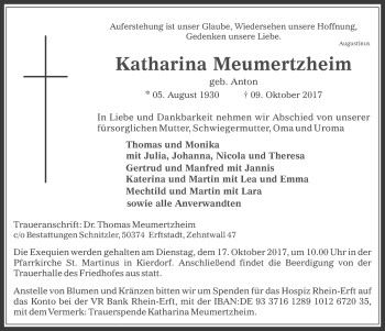 Anzeige von Katharina Meumertzheim von  Sonntags-Post 
