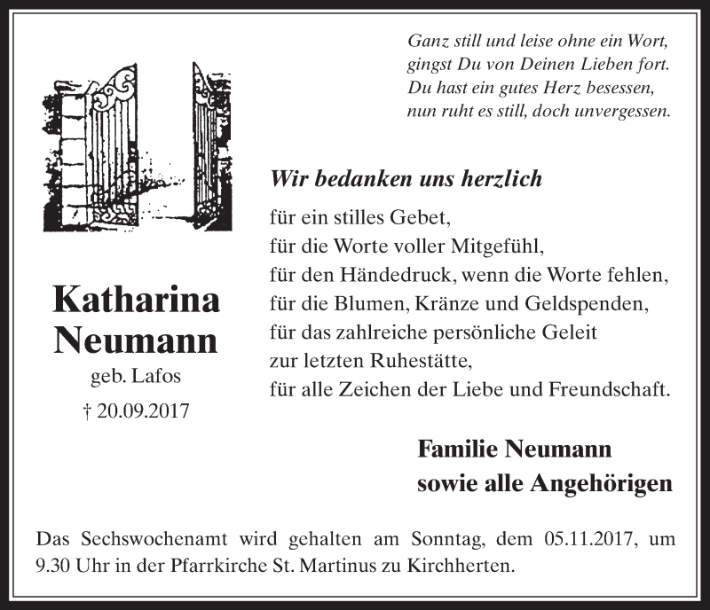  Traueranzeige für Katharina Neumann vom 25.10.2017 aus  Werbepost 