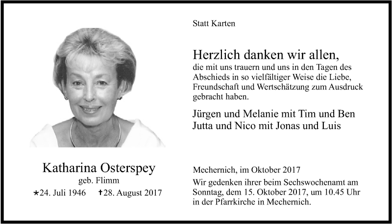  Traueranzeige für Katharina Osterspey vom 07.10.2017 aus  Blickpunkt Euskirchen 