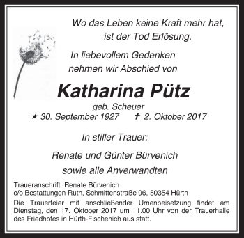 Anzeige von Katharina Pütz von  Wochenende 
