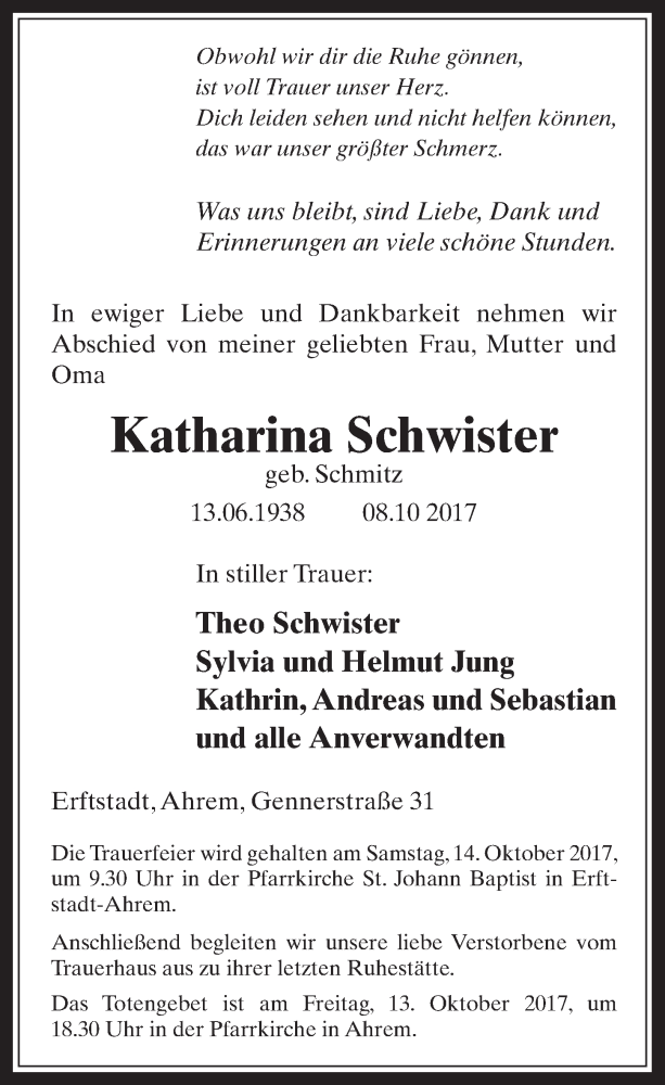  Traueranzeige für Katharina Schwister vom 11.10.2017 aus  Werbepost 