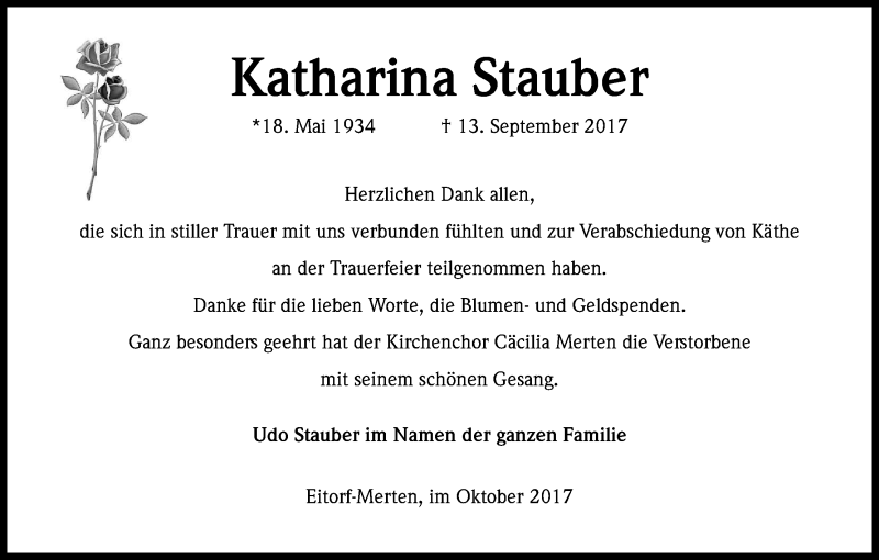  Traueranzeige für Katharina Stauber vom 14.10.2017 aus Kölner Stadt-Anzeiger / Kölnische Rundschau / Express