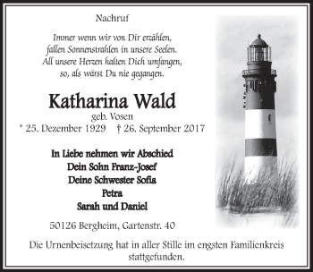 Anzeige von Katharina Wald von  Sonntags-Post 