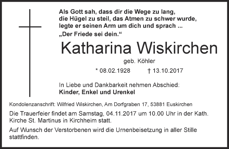  Traueranzeige für Katharina Wiskirchen vom 28.10.2017 aus  Blickpunkt Euskirchen 