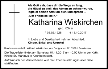 Anzeige von Katharina Wiskirchen von Kölner Stadt-Anzeiger / Kölnische Rundschau / Express