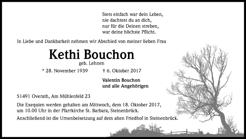  Traueranzeige für Kethi Bouchon vom 11.10.2017 aus Kölner Stadt-Anzeiger / Kölnische Rundschau / Express