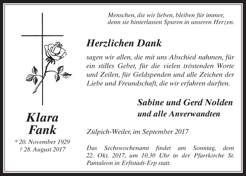  Traueranzeige für Klara Fank vom 18.10.2017 aus  Werbepost 