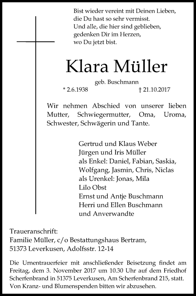  Traueranzeige für Klara Müller vom 28.10.2017 aus Kölner Stadt-Anzeiger / Kölnische Rundschau / Express