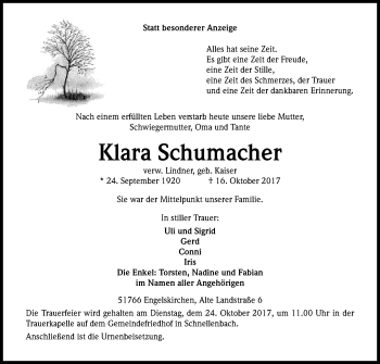 Anzeige von Klara Schumacher von Kölner Stadt-Anzeiger / Kölnische Rundschau / Express