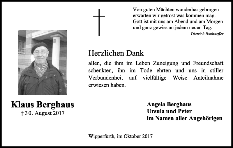  Traueranzeige für Klaus Berghaus vom 28.10.2017 aus Kölner Stadt-Anzeiger / Kölnische Rundschau / Express