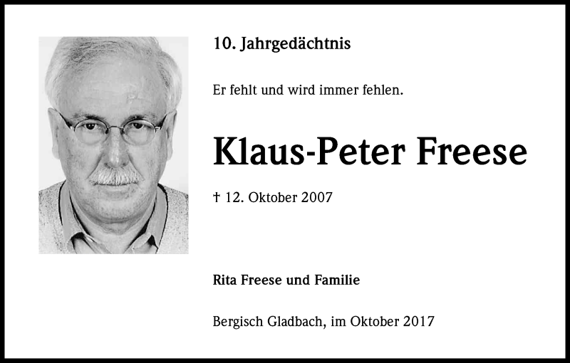  Traueranzeige für Klaus-Peter Freese vom 12.10.2017 aus Kölner Stadt-Anzeiger / Kölnische Rundschau / Express