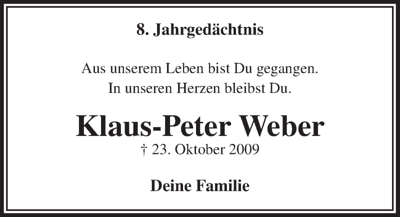  Traueranzeige für Klaus-Peter Weber vom 25.10.2017 aus  Anzeigen Echo 