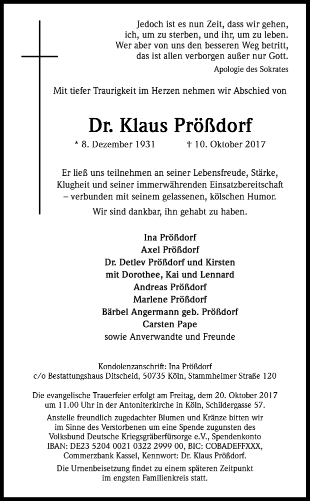  Traueranzeige für Klaus Prößdorf vom 14.10.2017 aus Kölner Stadt-Anzeiger / Kölnische Rundschau / Express
