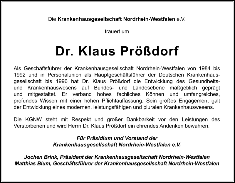  Traueranzeige für Klaus Prößdorf vom 28.10.2017 aus Kölner Stadt-Anzeiger / Kölnische Rundschau / Express