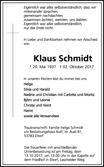 Anzeige von Klaus Schmidt von Kölner Stadt-Anzeiger / Kölnische Rundschau / Express