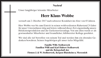 Anzeige von Klaus Wobbe von  Sonntags-Post 