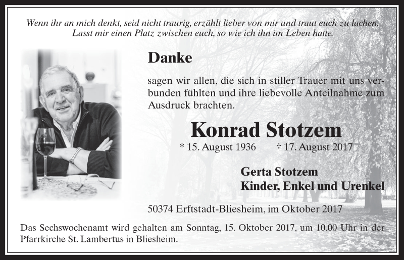  Traueranzeige für Konrad Stotzem vom 11.10.2017 aus  Werbepost 