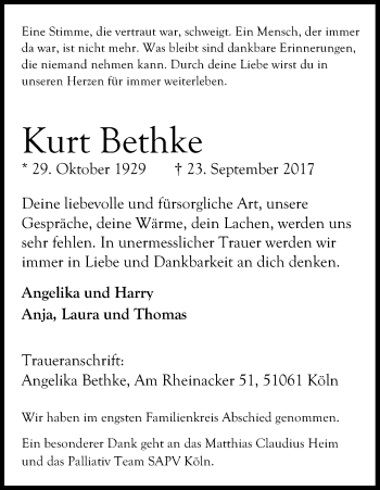 Anzeige von Kurt Bethke von Kölner Stadt-Anzeiger / Kölnische Rundschau / Express