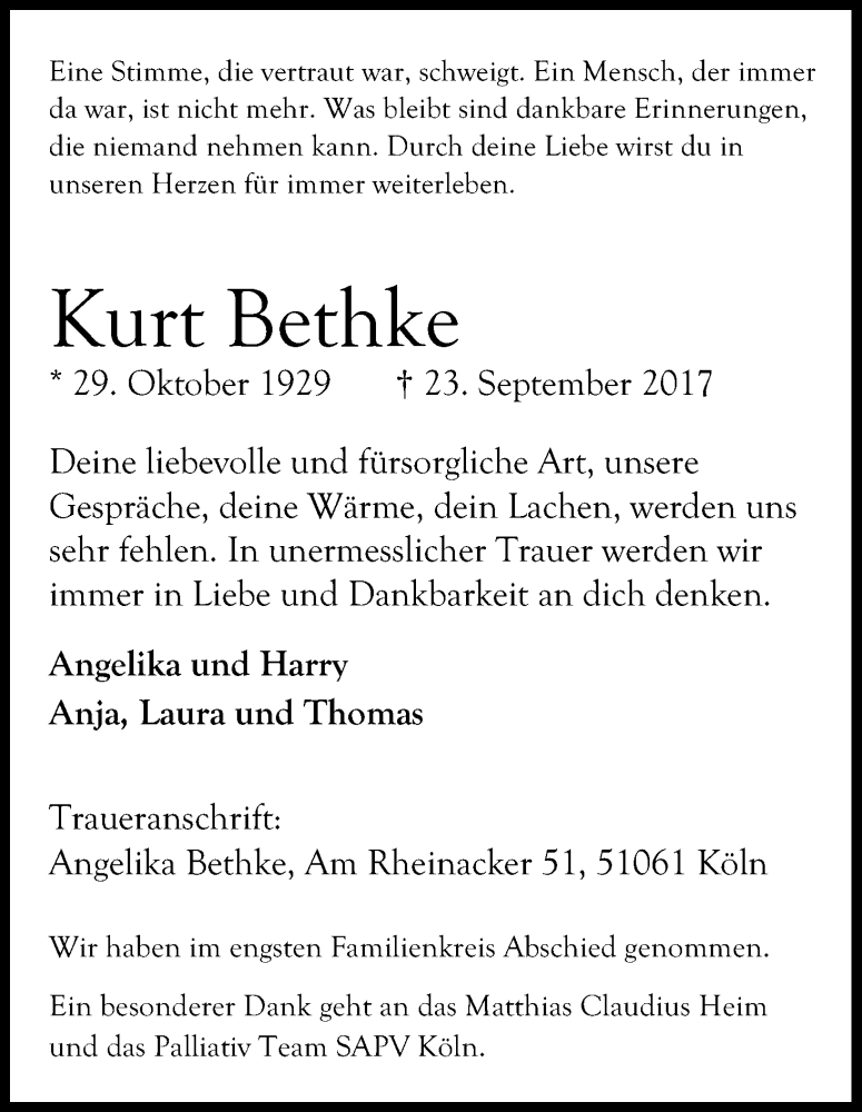  Traueranzeige für Kurt Bethke vom 03.10.2017 aus Kölner Stadt-Anzeiger / Kölnische Rundschau / Express