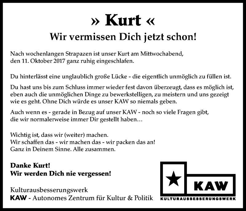  Traueranzeige für Kurt Graf vom 21.10.2017 aus Kölner Stadt-Anzeiger / Kölnische Rundschau / Express