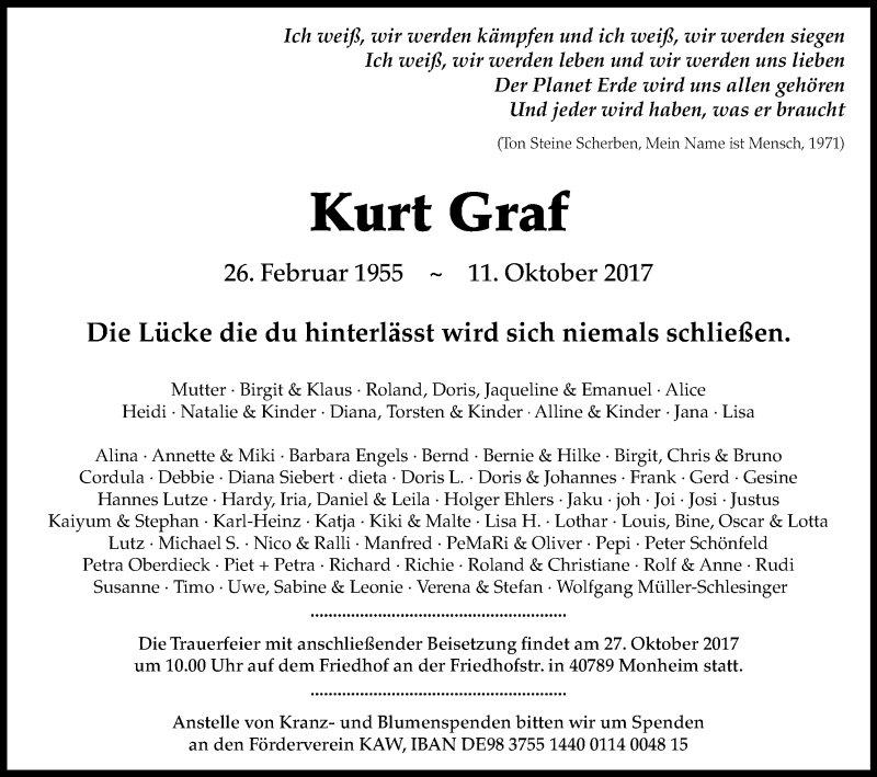  Traueranzeige für Kurt Graf vom 21.10.2017 aus Kölner Stadt-Anzeiger / Kölnische Rundschau / Express