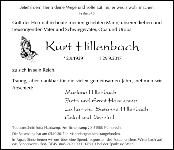 Anzeige von Kurt Hillenbach von  Lokalanzeiger 