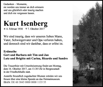 Anzeige von Kurt Isenberg von Kölner Stadt-Anzeiger / Kölnische Rundschau / Express