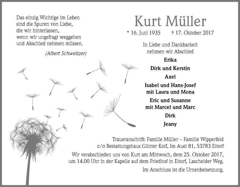  Traueranzeige für Kurt Müller vom 21.10.2017 aus Kölner Stadt-Anzeiger / Kölnische Rundschau / Express