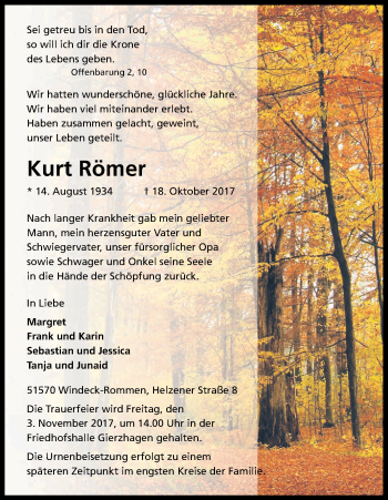 Anzeige von Kurt Römer von Kölner Stadt-Anzeiger / Kölnische Rundschau / Express