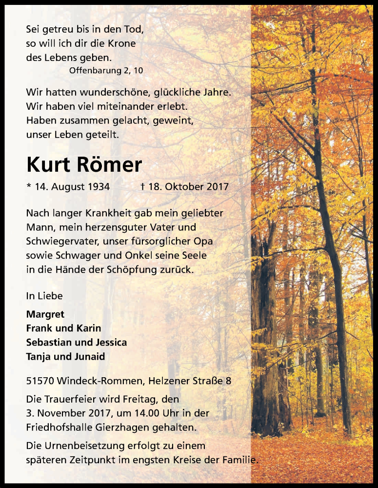  Traueranzeige für Kurt Römer vom 30.10.2017 aus Kölner Stadt-Anzeiger / Kölnische Rundschau / Express