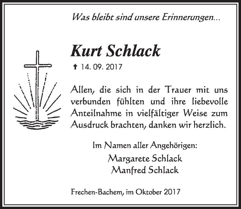  Traueranzeige für Kurt Schlack vom 14.10.2017 aus  Sonntags-Post 