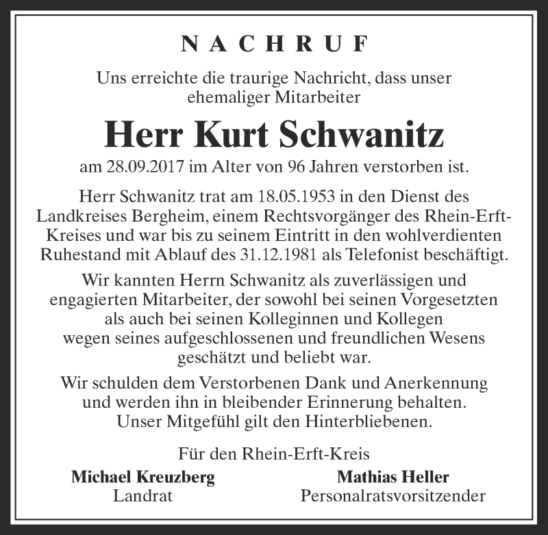  Traueranzeige für Kurt Schwanitz vom 18.10.2017 aus  Werbepost 