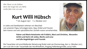Anzeige von Kurt Willi Hübsch von Kölner Stadt-Anzeiger / Kölnische Rundschau / Express
