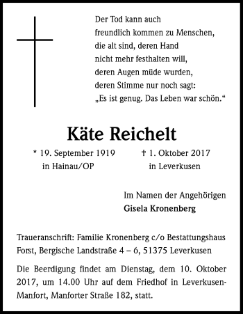 Anzeige von Käte Reichelt von Kölner Stadt-Anzeiger / Kölnische Rundschau / Express