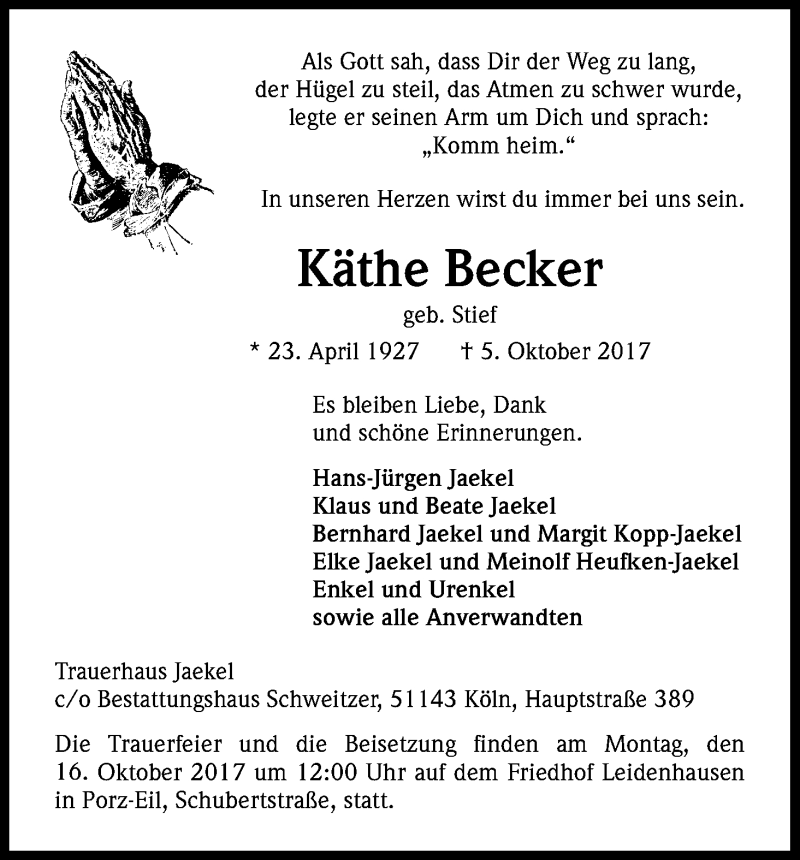  Traueranzeige für Käthe Becker vom 11.10.2017 aus Kölner Stadt-Anzeiger / Kölnische Rundschau / Express