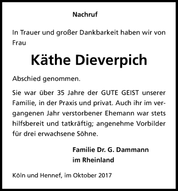 Anzeige von Käthe Dievernich von Kölner Stadt-Anzeiger / Kölnische Rundschau / Express