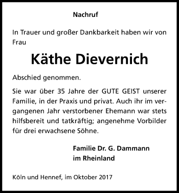 Anzeige von Käthe Dievernich von Kölner Stadt-Anzeiger / Kölnische Rundschau / Express