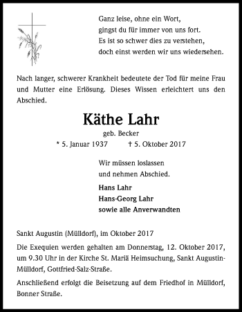 Anzeige von Käthe Lahr von Kölner Stadt-Anzeiger / Kölnische Rundschau / Express