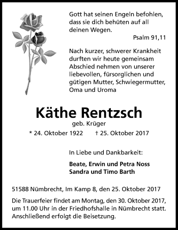 Anzeige von Käthe Rentzsch von Kölner Stadt-Anzeiger / Kölnische Rundschau / Express