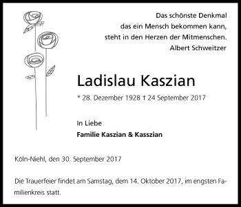 Anzeige von Ladislau Kaszian von Kölner Stadt-Anzeiger / Kölnische Rundschau / Express