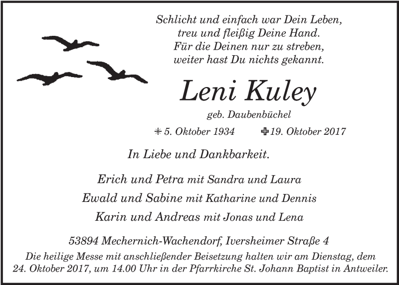  Traueranzeige für Leni Kuley vom 21.10.2017 aus  Blickpunkt Euskirchen 