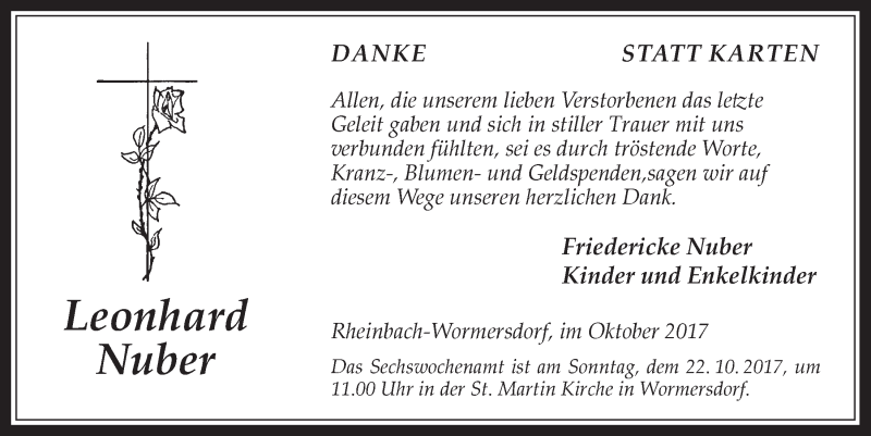  Traueranzeige für Leonhard Nuber vom 18.10.2017 aus  Schaufenster/Blickpunkt 