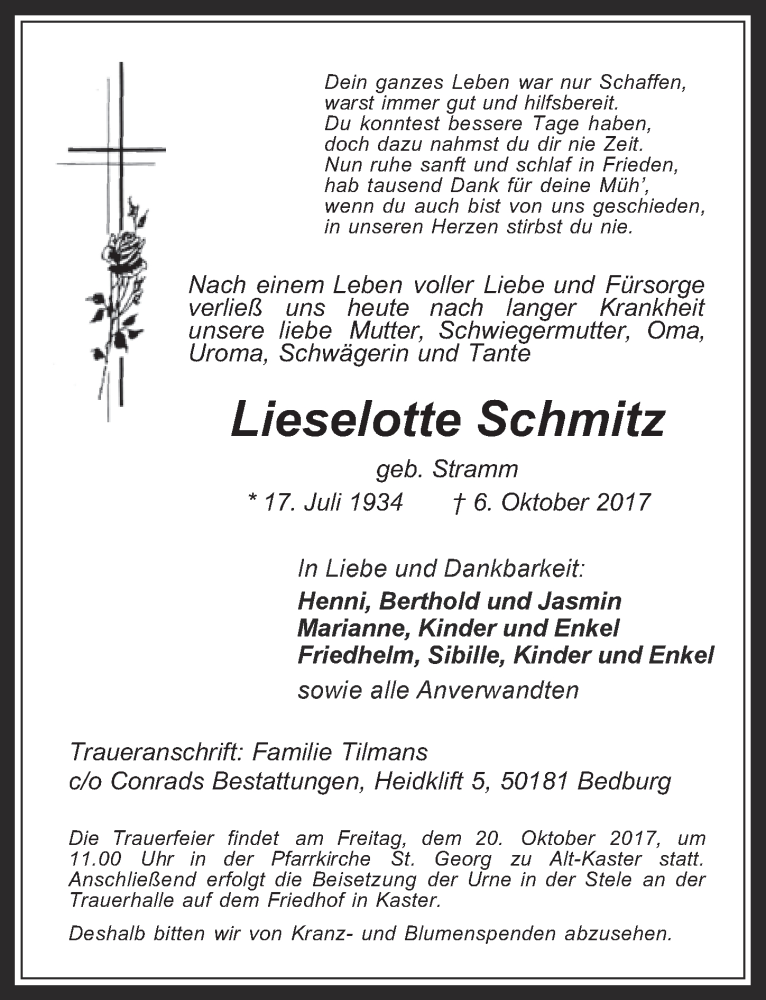  Traueranzeige für Lieselotte Schmitz vom 11.10.2017 aus  Werbepost 