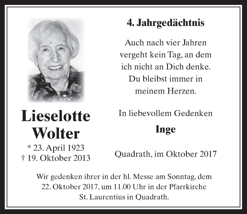  Traueranzeige für Lieselotte Wolter vom 18.07.2023 aus  Werbepost 