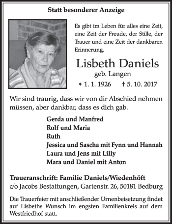 Anzeige von Lisbeth Daniels von  Sonntags-Post 