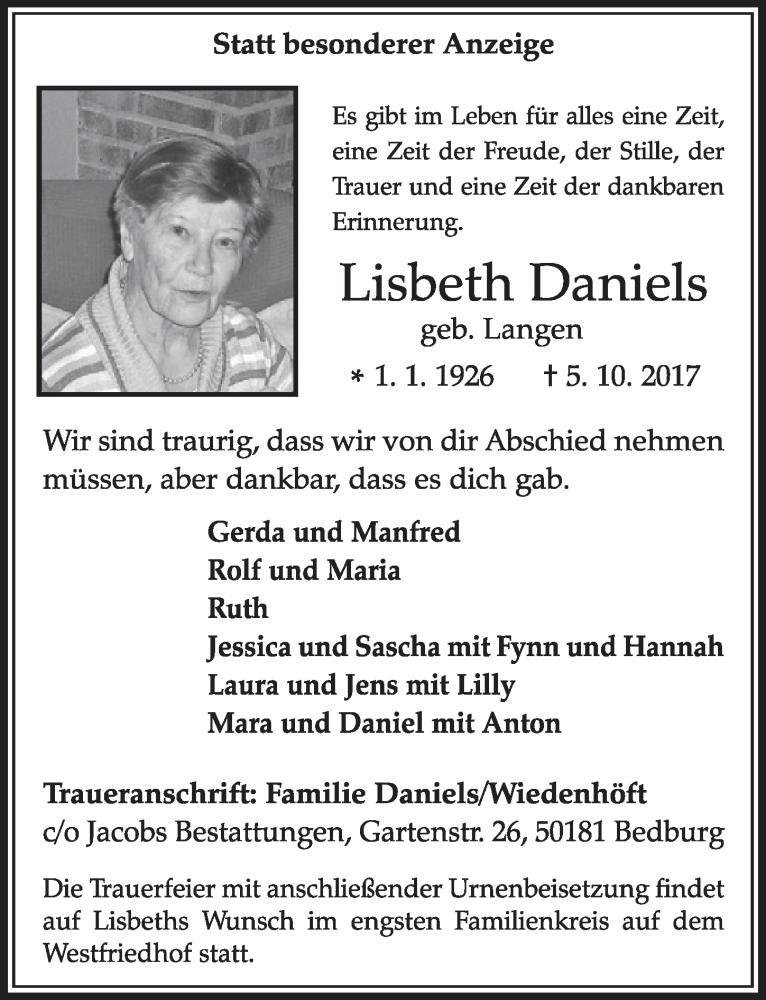  Traueranzeige für Lisbeth Daniels vom 14.10.2017 aus  Sonntags-Post 